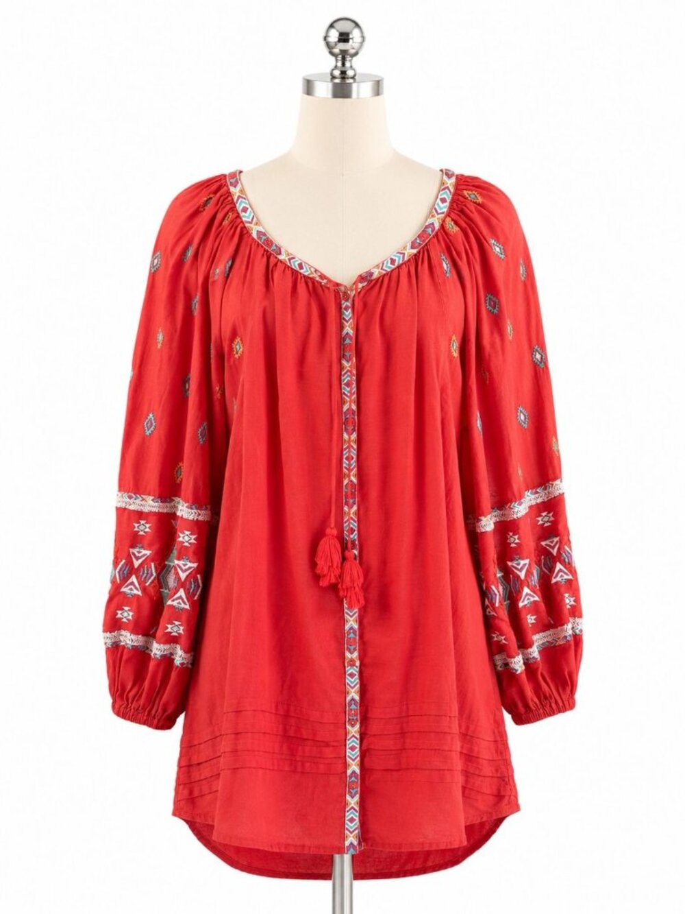 Sundance Red Embroidered Cotton Boho Peasant Mini Dress Tassel Large
